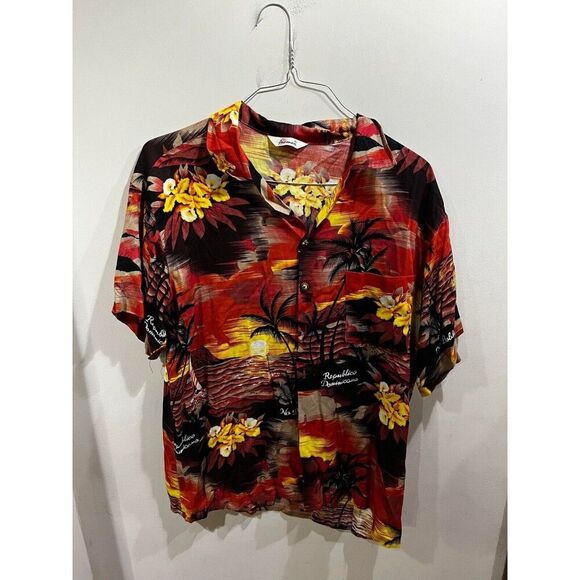 Aremar Hawaiian Shirt Mens Large Dominicana Republic Sunset Palm Trees Vintage - Picture 1 of 6